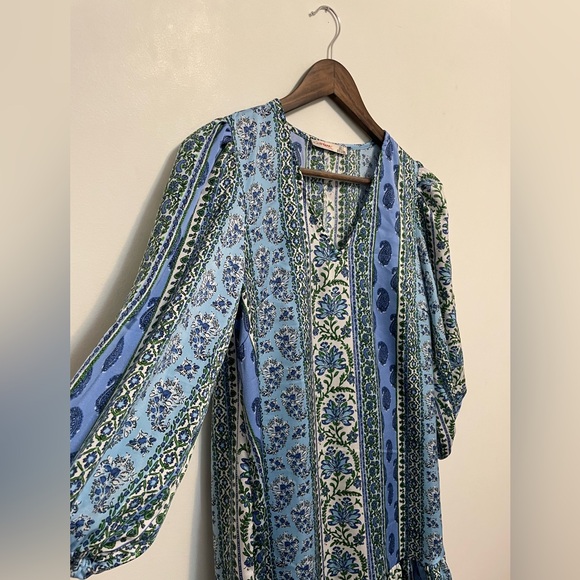 Black Tape Blue, Green, White Paisley Patchwork Rufled Hem Silk Dress - Picture 4 of 6